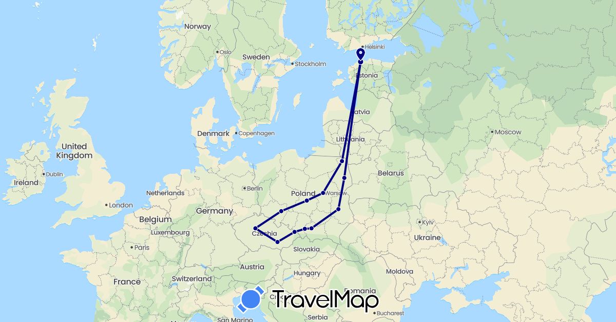TravelMap itinerary: driving in Czech Republic, Estonia, Poland (Europe)